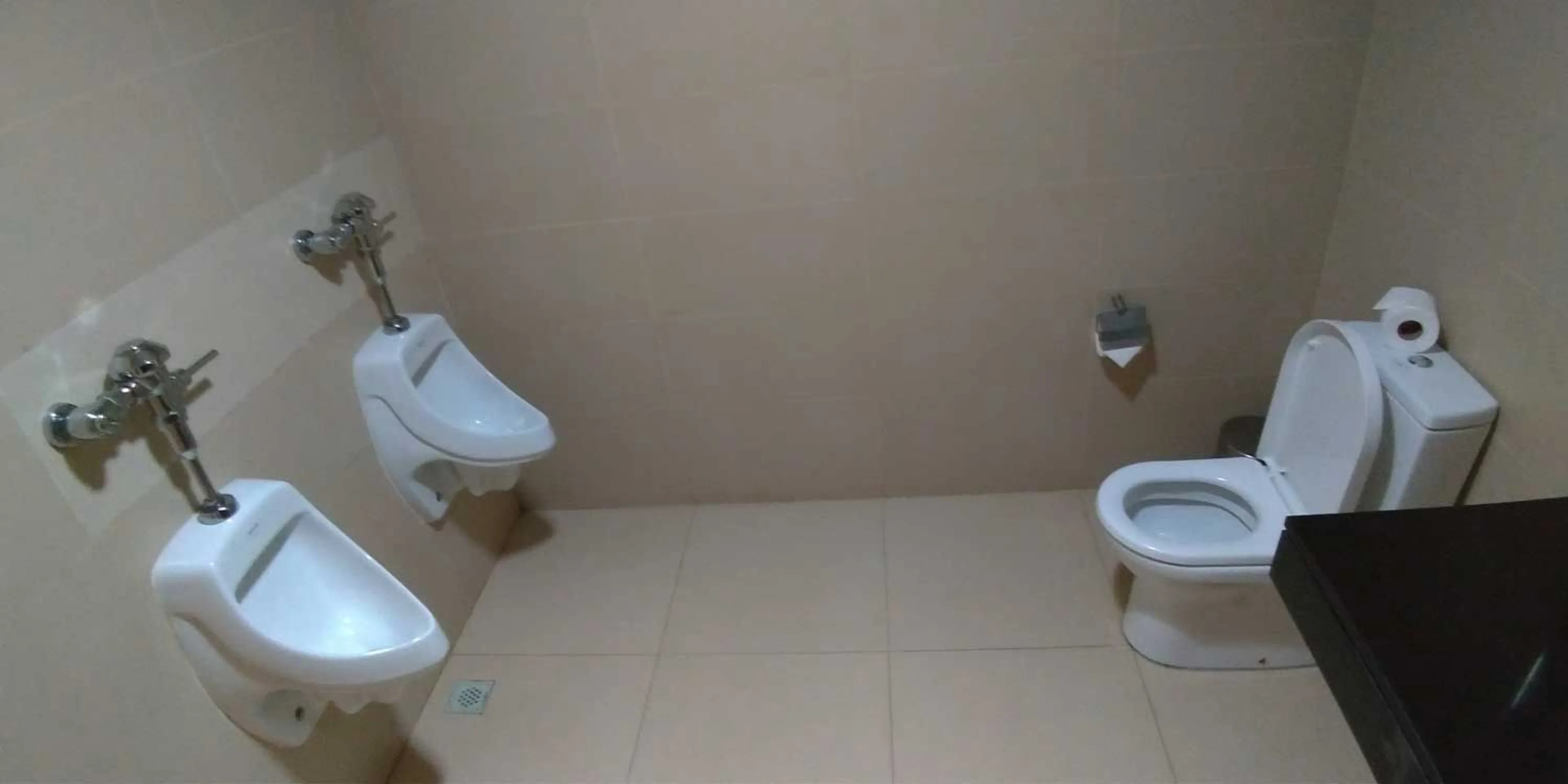 Two urinals and a toilet in a washroom. There are no stalls.