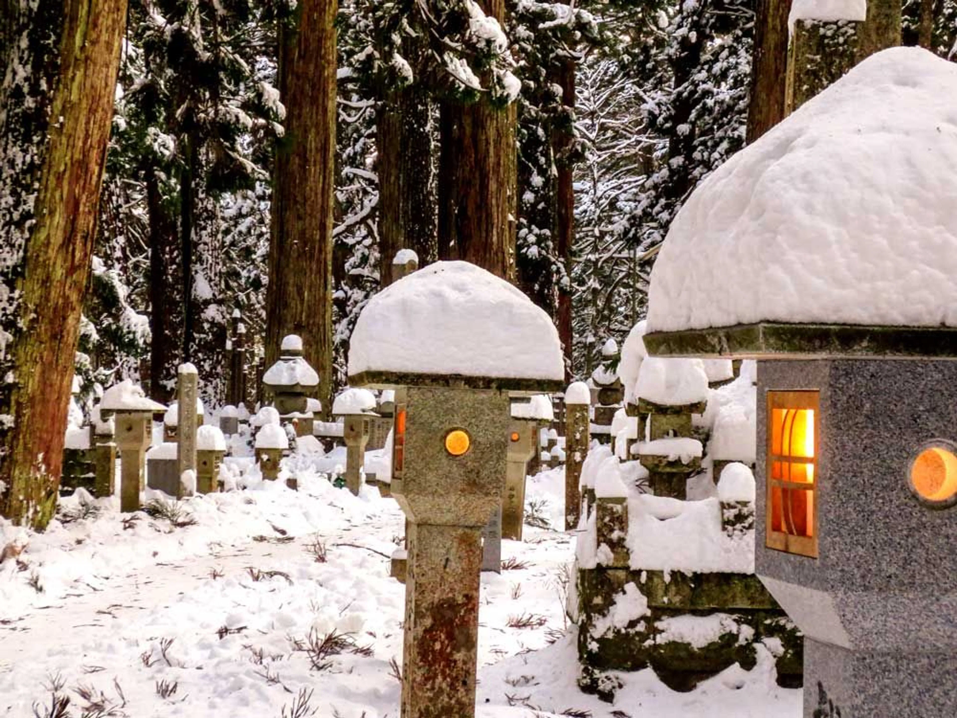 Snow sits on the lanterns lining the main path at Okunoin.